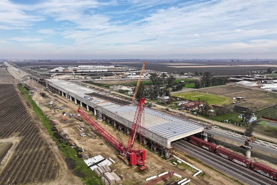 Aerial view of viaduct under construction for California High-Speed Rail.
